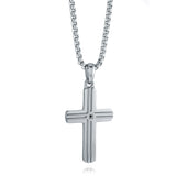 Steel Brushed-Grooves Black CZ Cross Necklace