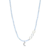 Pearl and Blue Agate Bead CZ Moon Necklace
