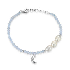 Pearl and Blue Agate Bead CZ Moon Bracelet