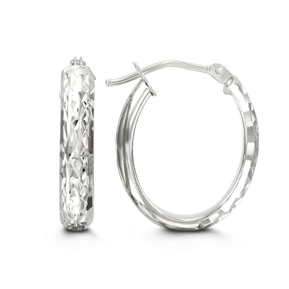 White Gold Diamond Cut Oval Hoop Earring